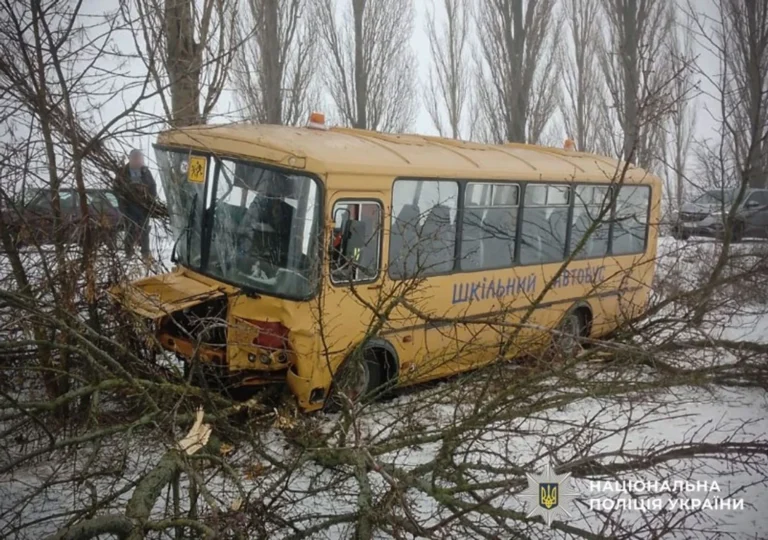 На Полтавщині зіткнувся з деревом шкільний автобус з 15 дітьми, троє постраждали